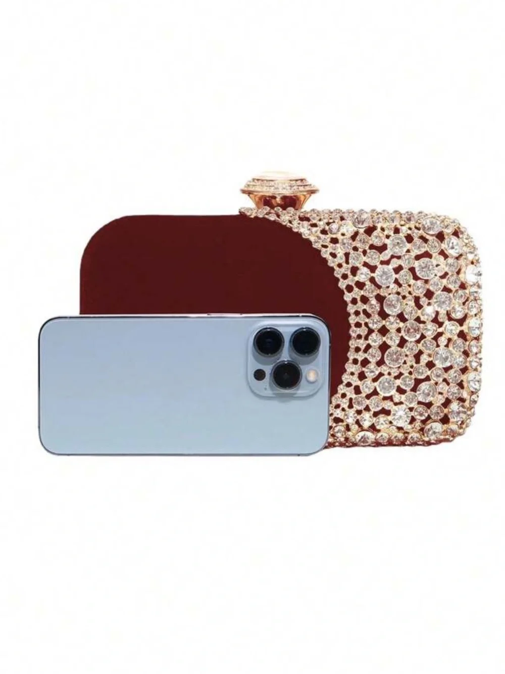 Elegant Burgundy Crystal Evening Clutch with Gold Chain